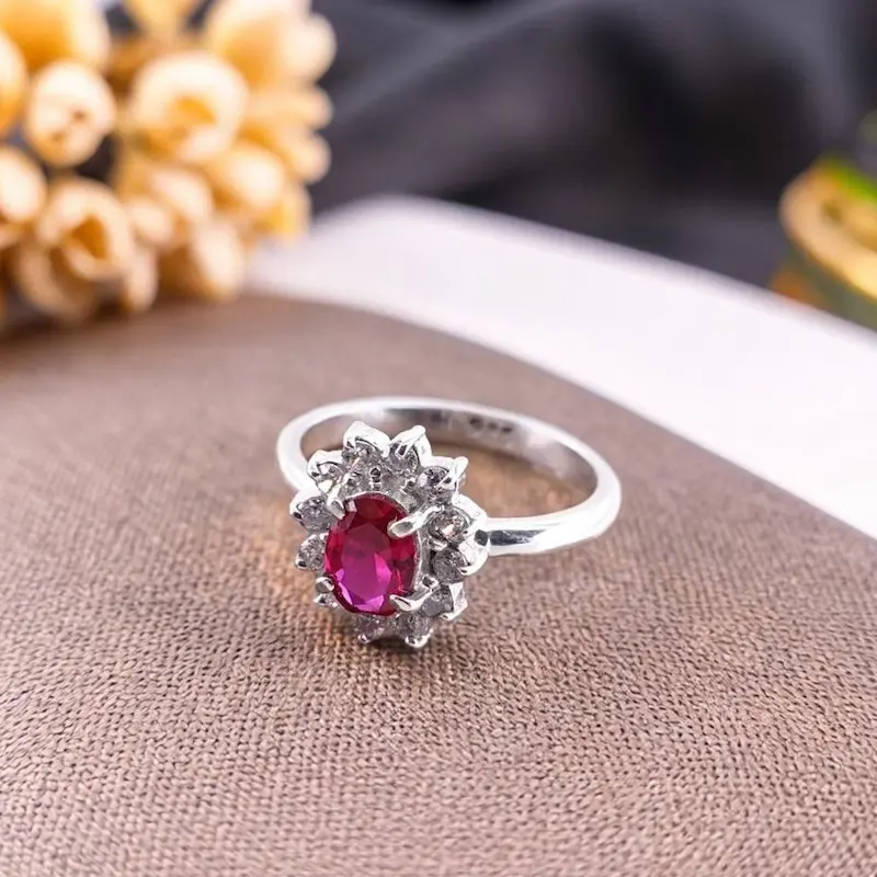 Cincin perak bakar 925 asli anti karat dengan batu permata ruby mirah siam bellamira