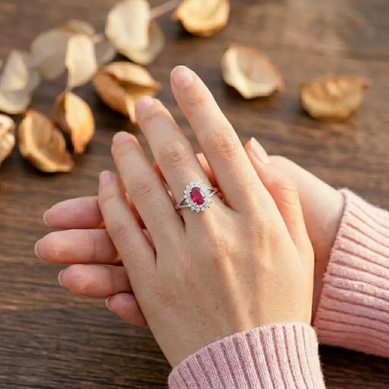 Cincin perak wanita 925 sterling silver model Bellamira dengan batu merah menawan