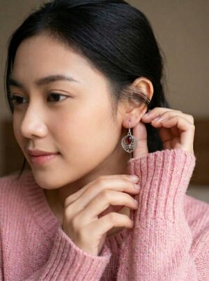Anting Hook Wanita Perak Aslli 925 Red Garnet Garetha