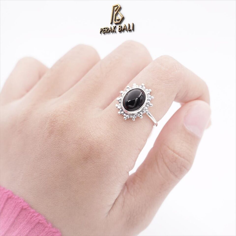 Cincin Wanita Perak Bali Silver Asli 925 Black Onyx Kembang