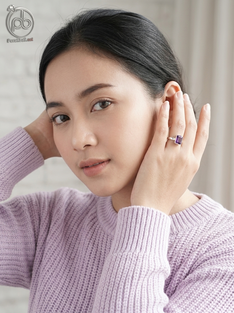 Cincin Wanita Perak Asli 925 Cincin Natural Amethyst Metiana