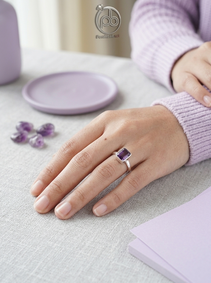 Cincin Wanita Perak Asli 925 Cincin Natural Amethyst Metiana 2