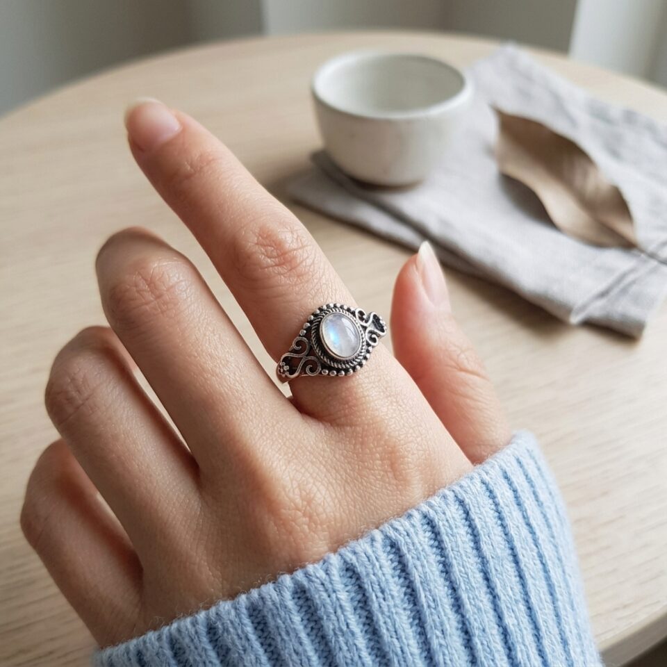 Cincin Wanita Perak Asli 925 Natural Moonstone Biduri Bulan Bulanika