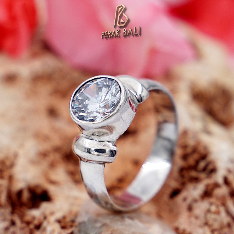 Cincin Perak Asli 925 Wanita Bali Silver Ring Cubic Zirconia Mata Putih Bandol