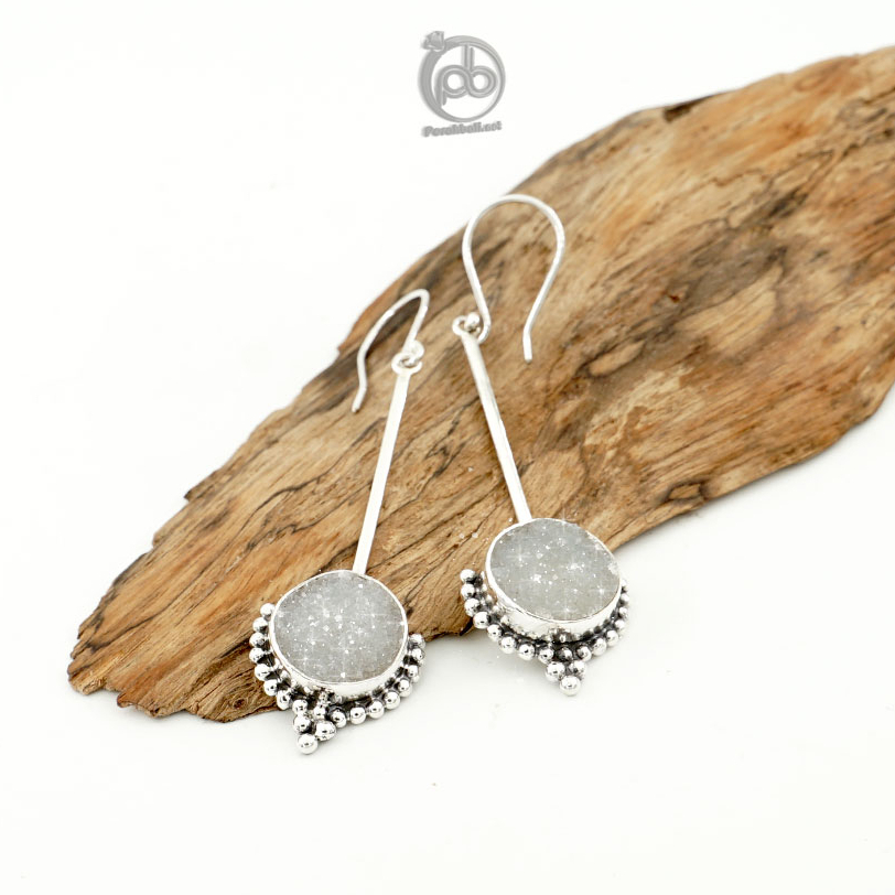 Anting Long Drop Wanita Perak 925 White Druzy Janger