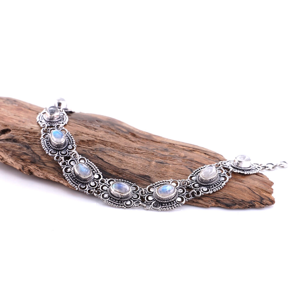Gelang Wanita Perak Asli 925 Biduri Bulan Ukir Natural Moonstone Moonika