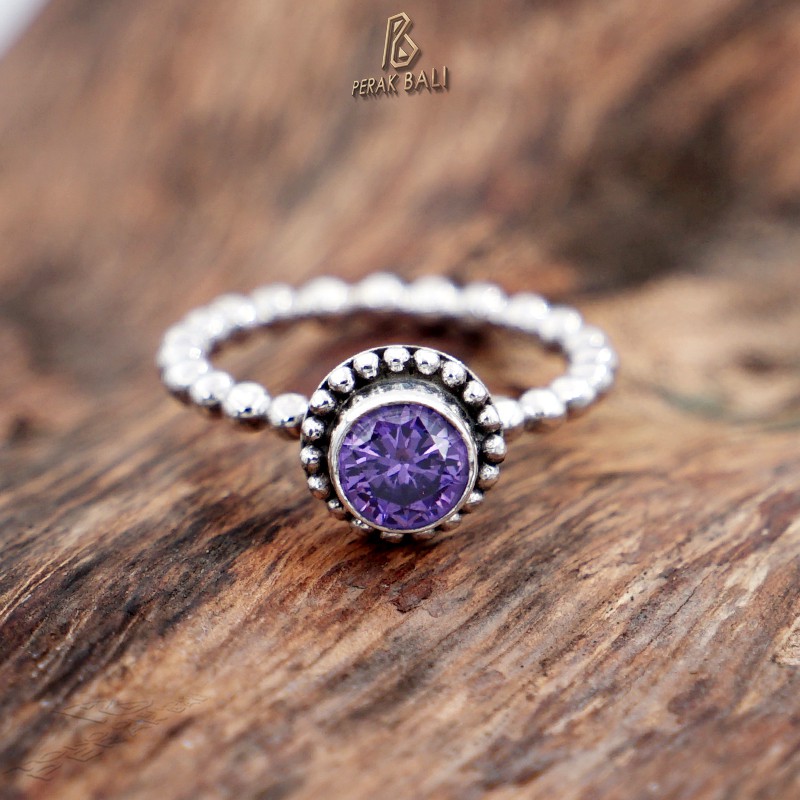 Cincin Perak Bali Silver Ring 925 Pandora Kembang Jawan Kecubung Ungu Amethyst