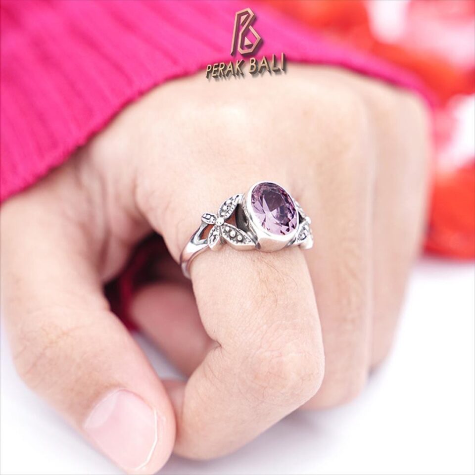 Cincin Wanita Silver 925 Asli Motif Kupu-Kupu Mata Pink Zirconia