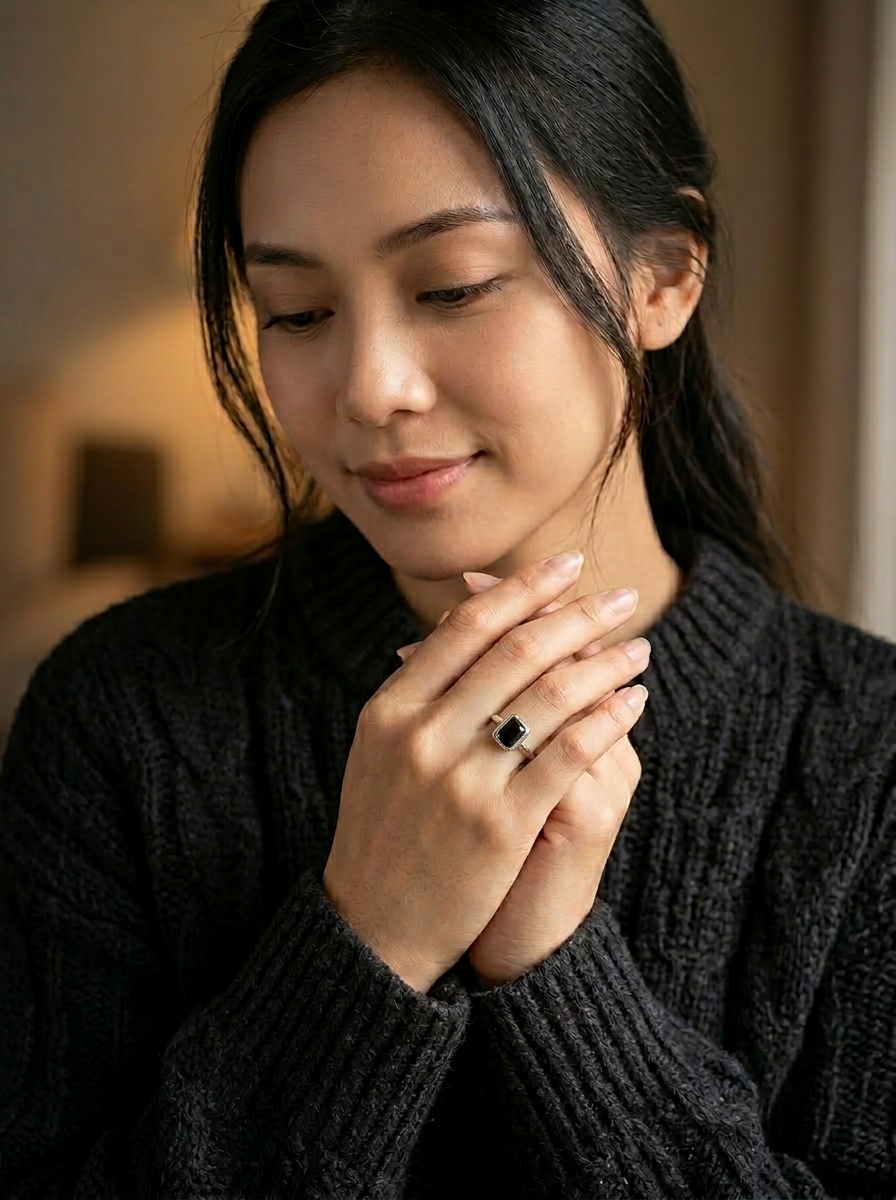 Cincin Wanita Perak Asli 925 Cincin Natural Black Onyx Metixora