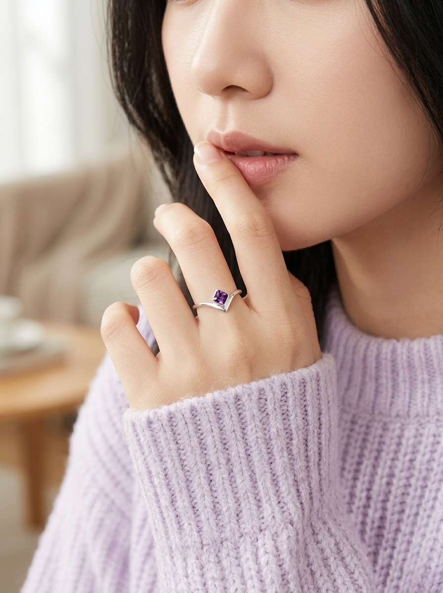 Cincin Wanita Perak Asli 925 Natural Amethyst Saplo