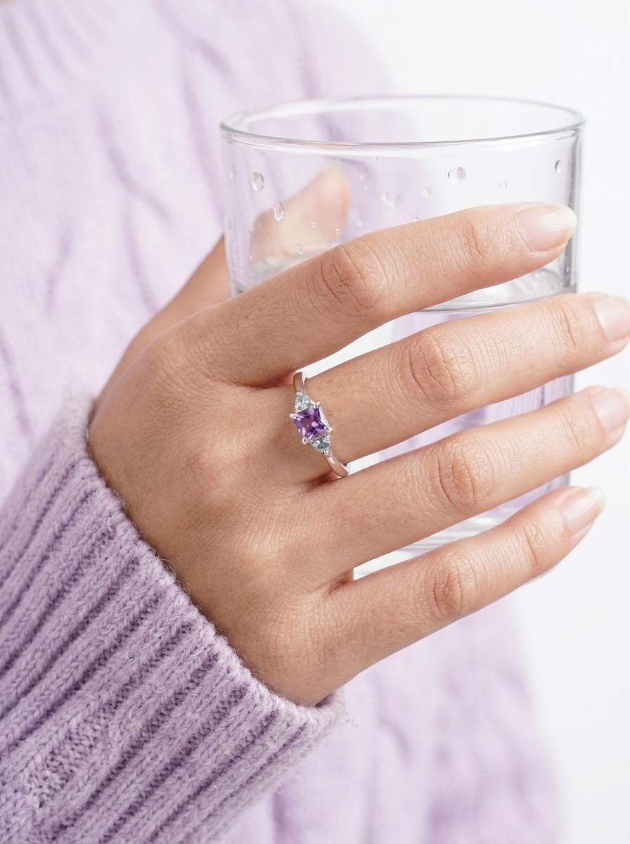 Cincin Wanita Perak Asli 925 Tabur Mini Natural Amethyst Tisha