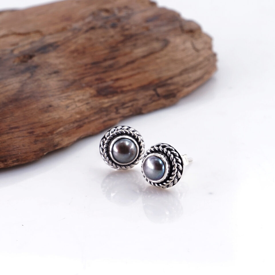 Anting Stud Perak Asli 925 Natural Black Pearl Tali Air Albina Mutiara Hitam 1
