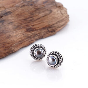 Anting Stud Perak Asli 925 Natural Black Pearl Tali Air Albina Mutiara Hitam