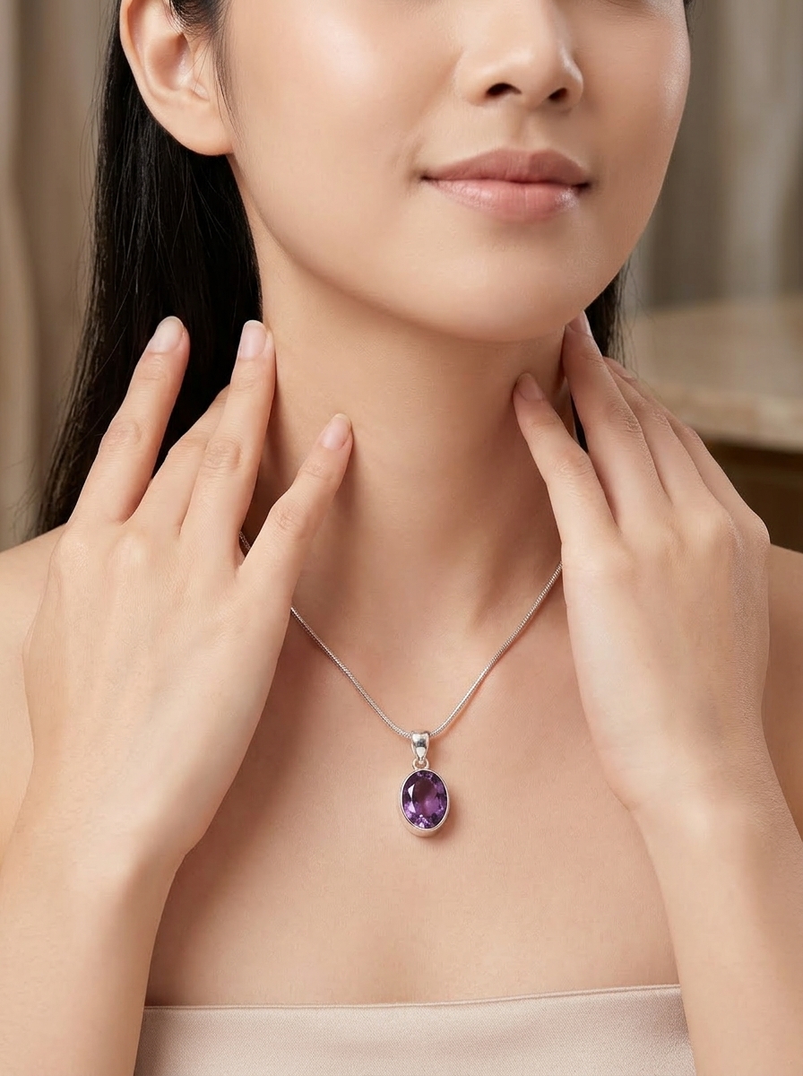 Liontin Wanita Perak Asli 925 Kecubung Amethyst Ovatisha | Tanpa Kalung