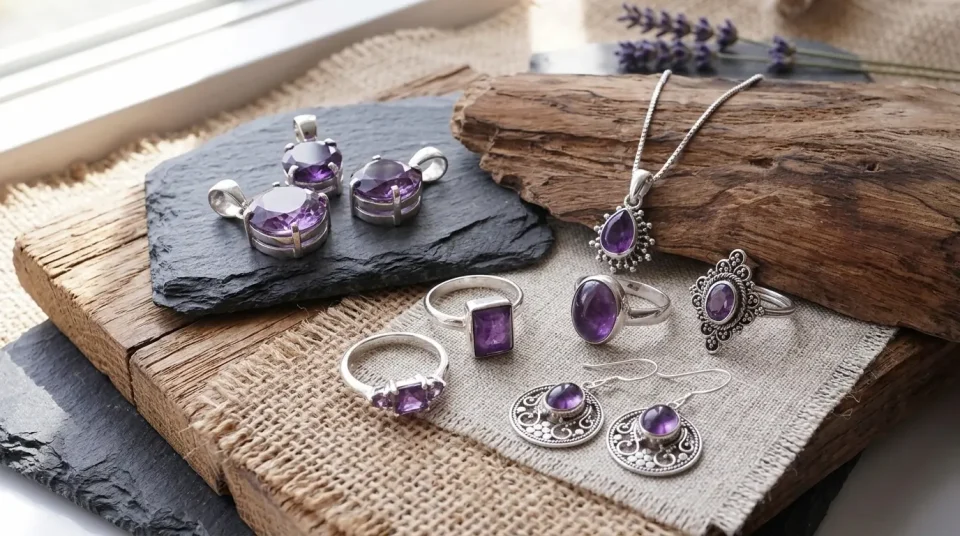 Variasi warna batu kecubung amethyst pada perhiasan perak wanita