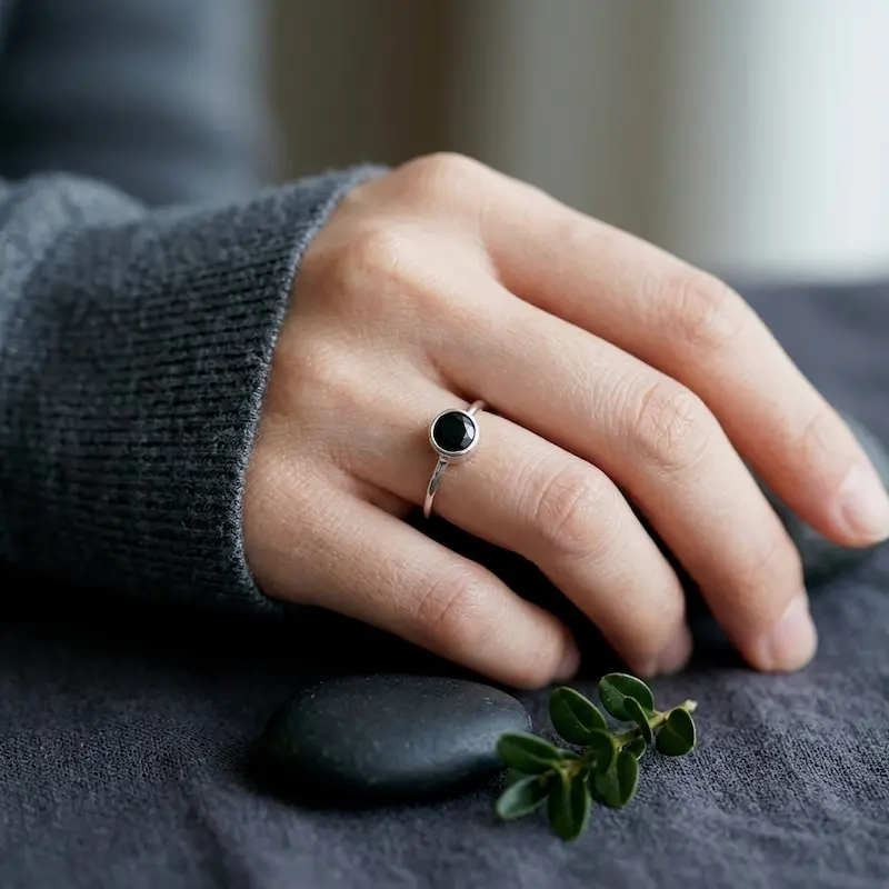 Cincin Imut Wanita Perak Asli Sterling 925 Mini Cute Natural Black Onyx Bloximi