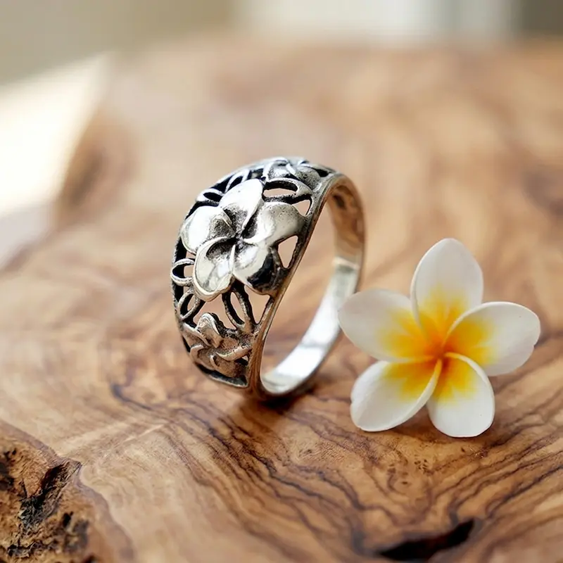 cincin wanita perak bali 925 motif jepun bolong fragipani