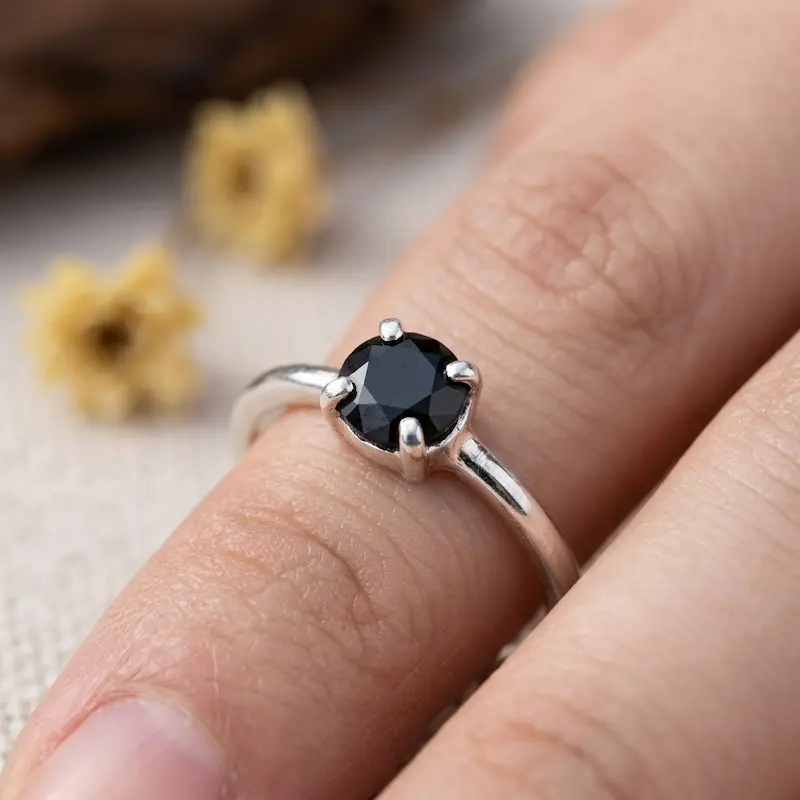 Cincin Wanita Perak Asli 925 Sterling Silver Natural Black Onyx Blakiora 5x5mm