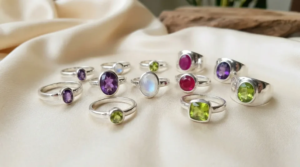 Koleksi cincin perak Bali dengan batu permata Moonstone dan Ruby