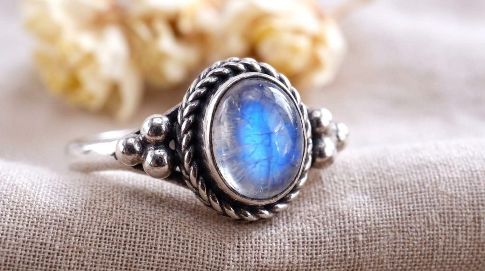 cincin perak bali dengan batu Moonstone kualitas tinggi yang memperlihatkan pendaran cahaya biru