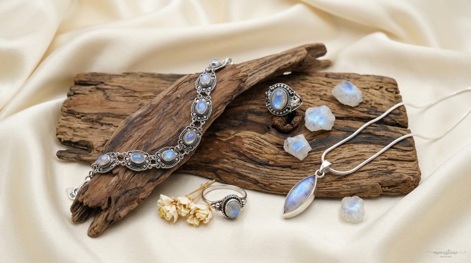 perhiasan perak Bali (cincin, gelang, liontin) dengan batu Moonstone
