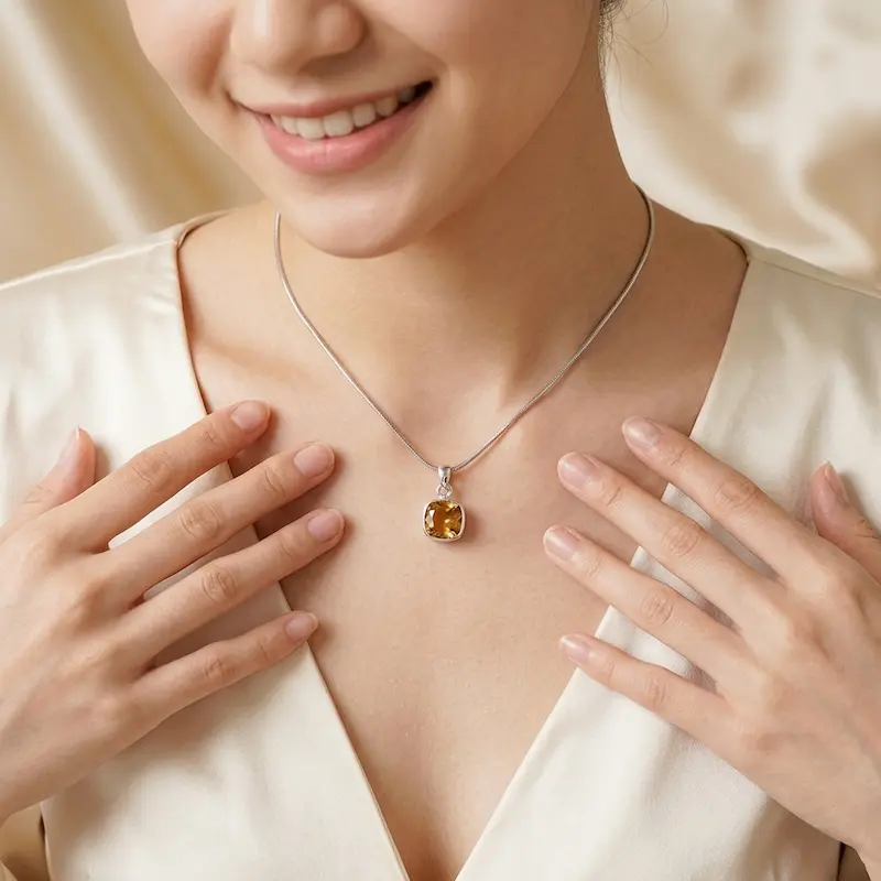 Liontin Wanita Perak Asli 925 Natural  Yellow Citrine Citaboxie | Tanpa Tali Kalung