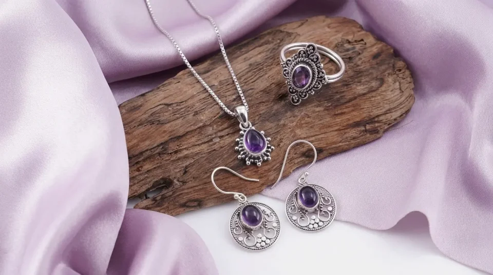 perhiasan cincin anting liontin perak Bali dengan batu kecubung amethyst ungu tua