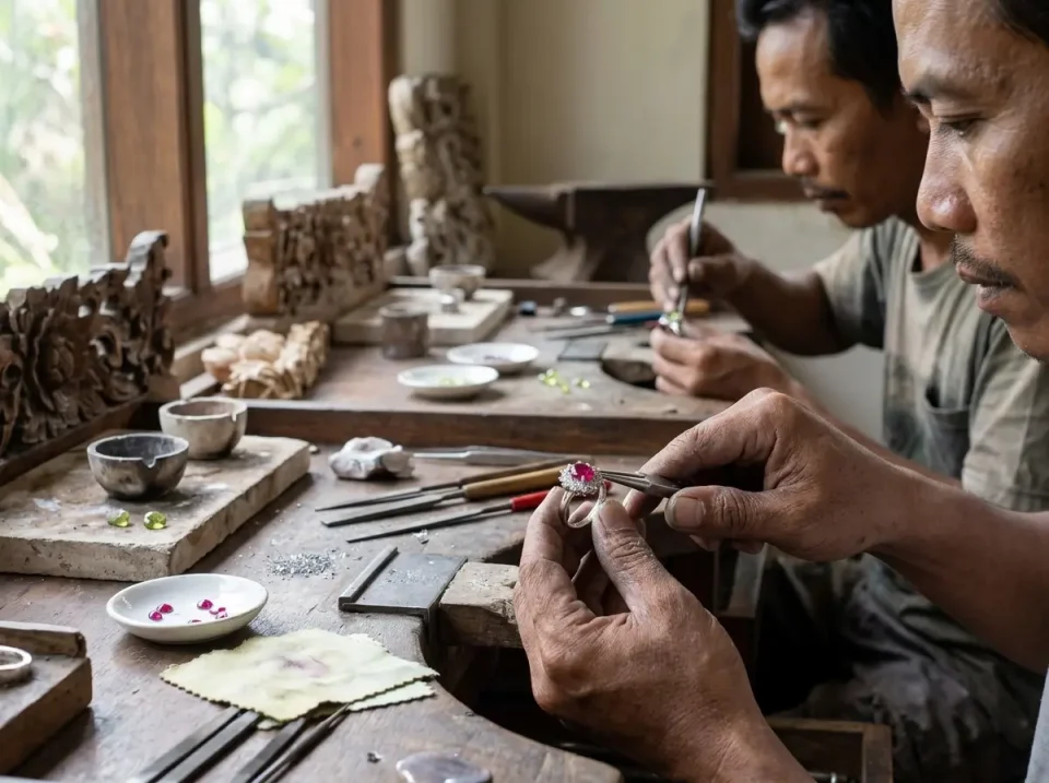 Pengrajin perak Bali sedang memasang batu kelahiran pada cincin perak sterling