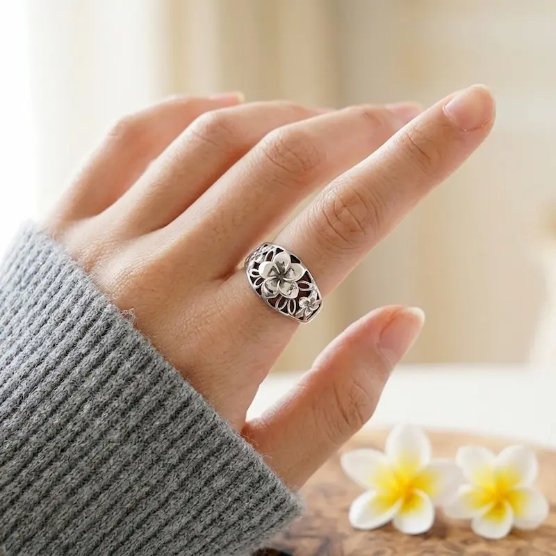Cincin Wanita Perak Bali Silver Ring 925 Jepun Bolong Fragipani