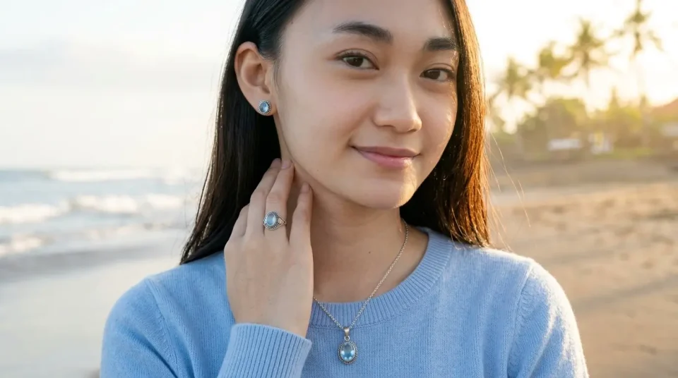 cincin. Kalung liontin perak Bali dengan batu kelahiran Aquamarine maret