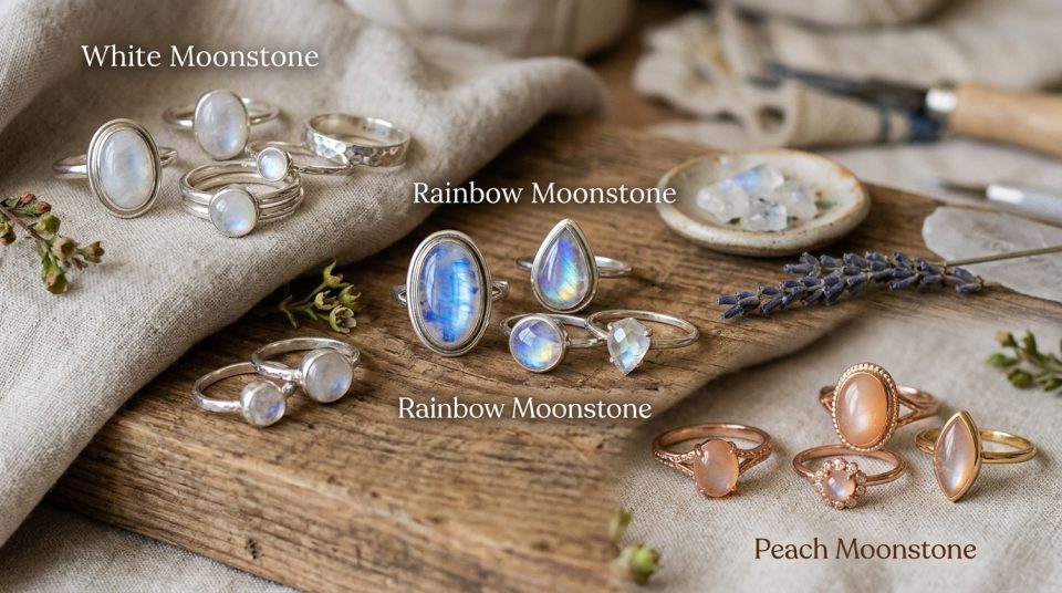 perbedaan warna White Moonstone, Peach Moonstone, dan Rainbow Moonstone.
