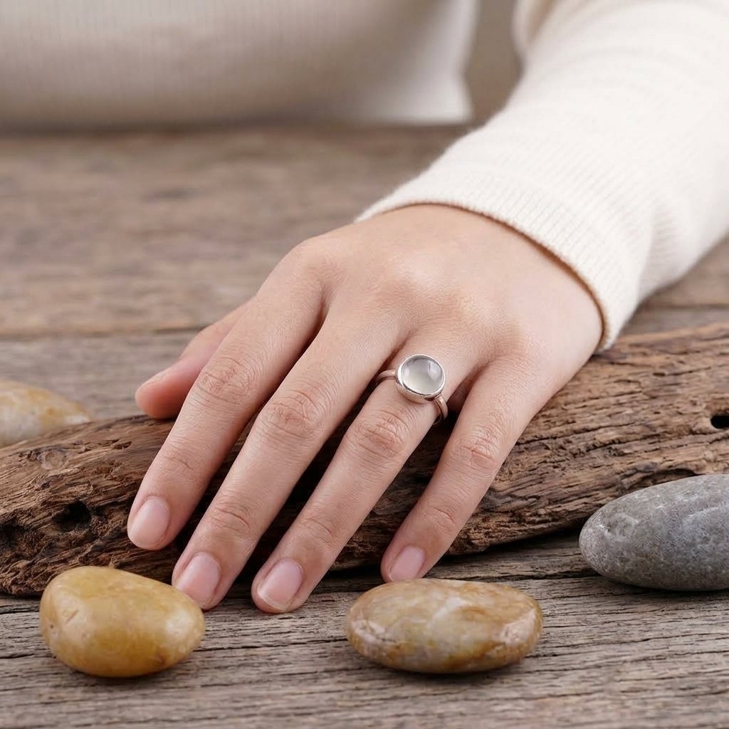 Detail batu Cat Eye Moonstone cincin Chatoyara
