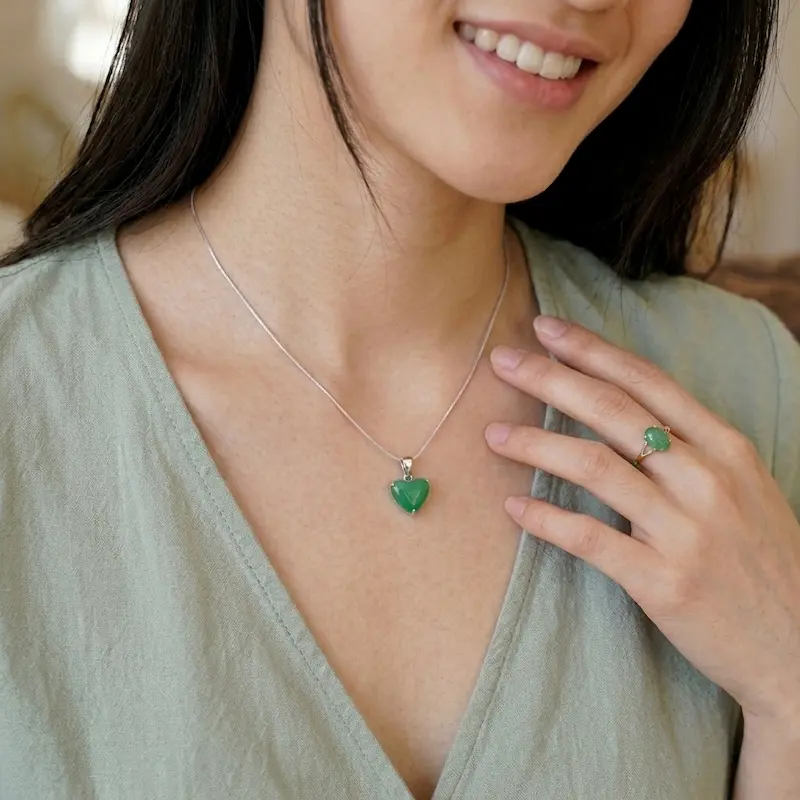 Liontin Wanita Perak Asli 925 Green Jade Giok Love Abstract | Tanpa Tali Kalung